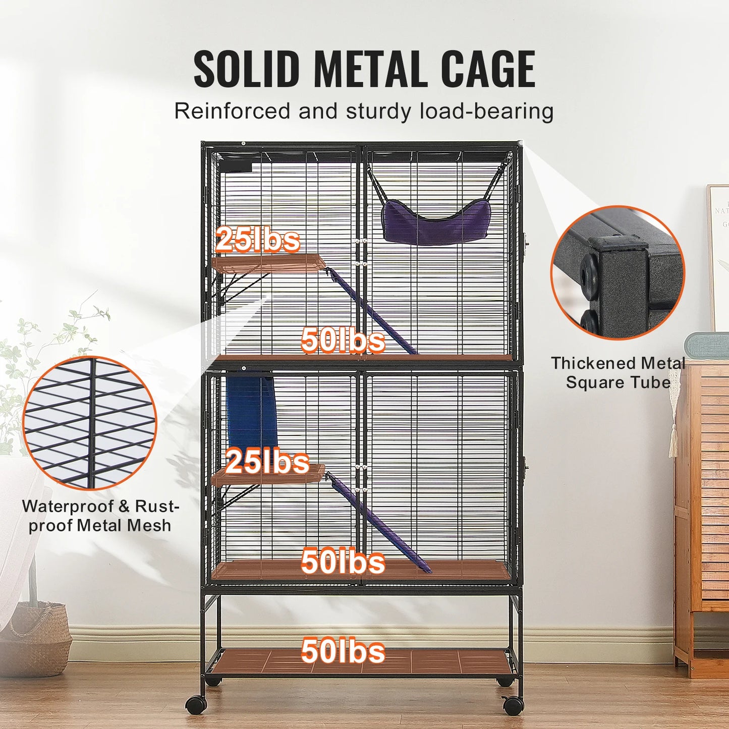 64.6" Rolling Metal Ferret Cage with 4-Tiers- Small Animal Cage for Pet Chinchillas, Guinea Pigs, Sugar Gliders