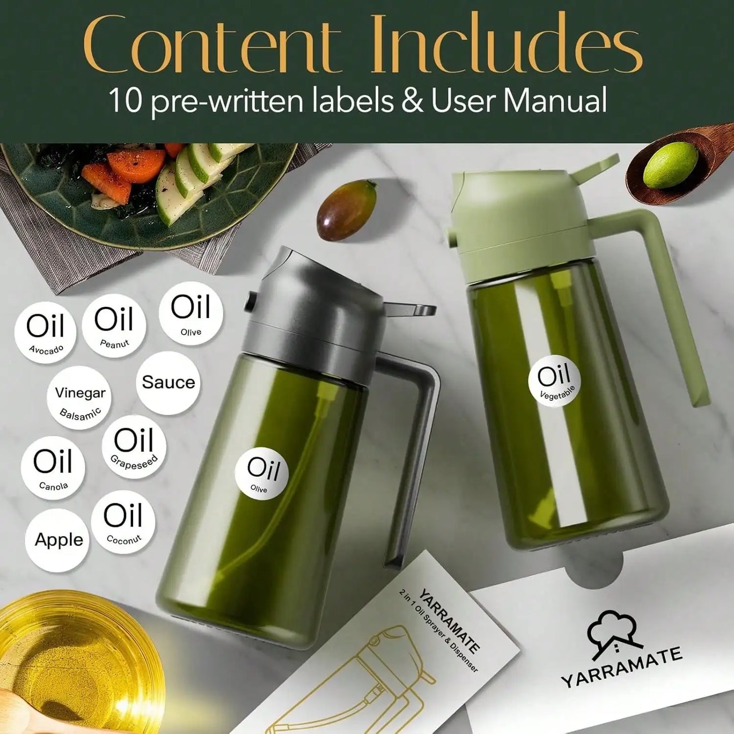 Premium Dark Glass Olive Oil Dispenser- 2 In 1 Cooking Oil Spray Bottle, Multipurpose Kitchen Oil Mister, Perfect for Air Fryer, BBQ, Grilling Household Cooking. Great gift for your favorite Chef.
