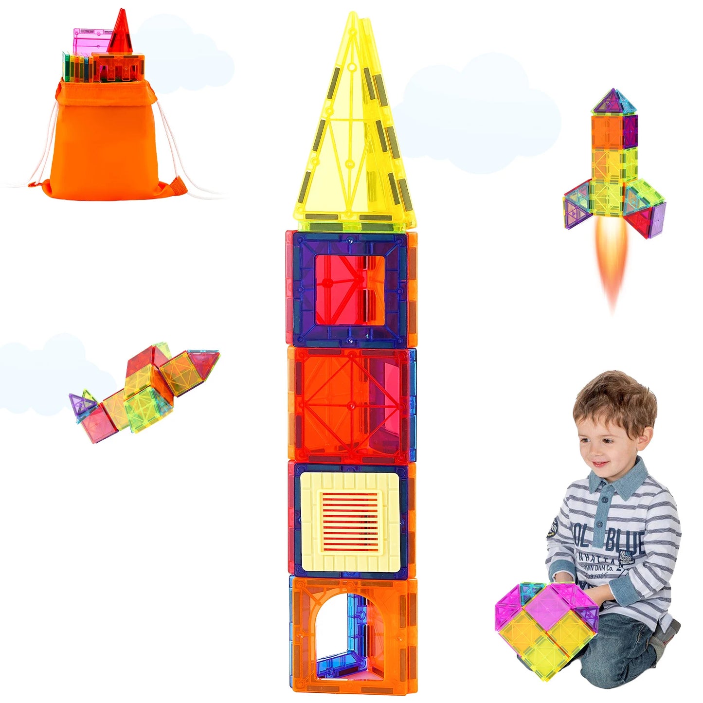 55pcs Magnetic Building Blocks Construction Set. Magnet Tiles for Preschool Girls and Boys who love to Build, as an Intro to STEM Learning.