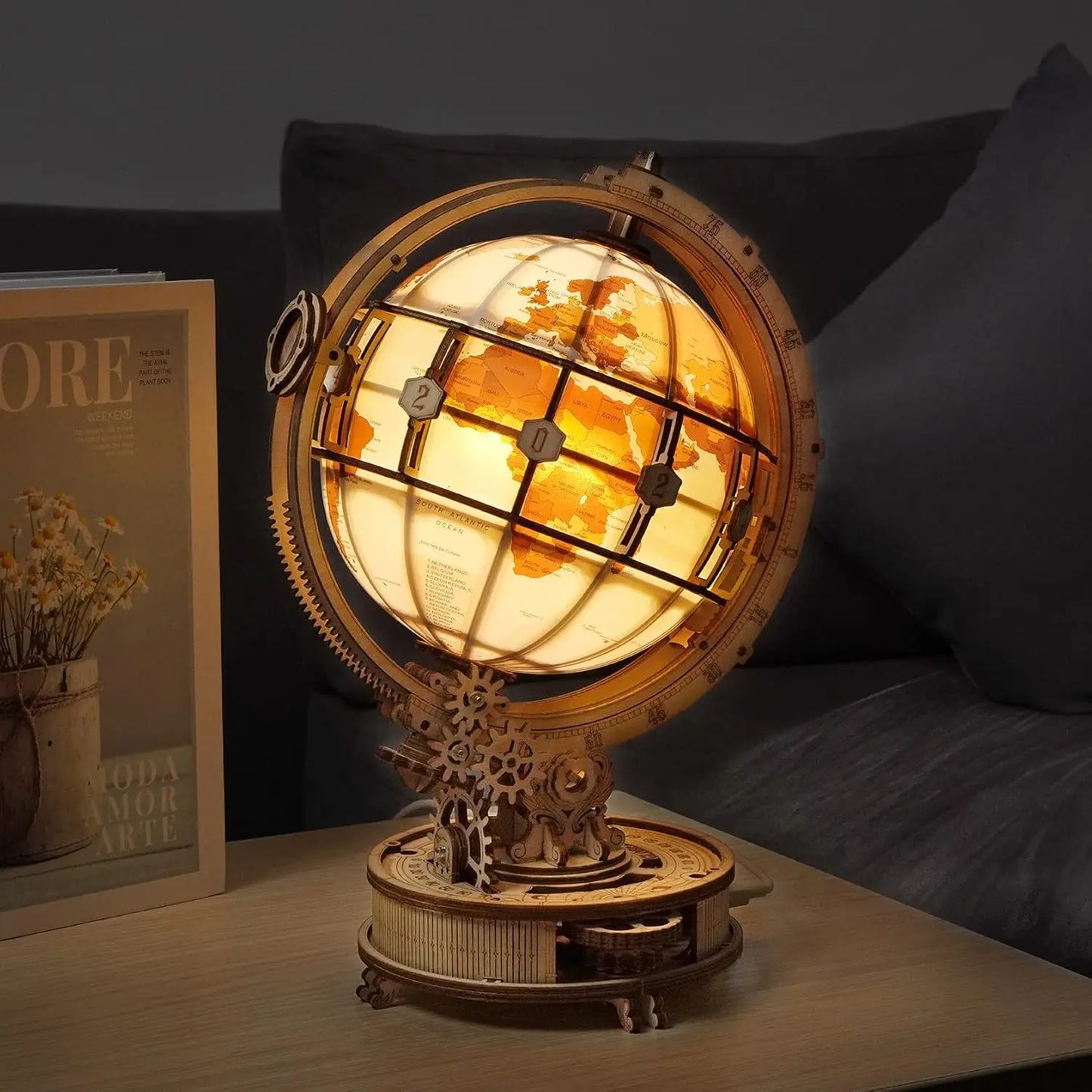 3D Wooden Puzzle Luminous Globe Model Kit with LED Light, Rotating Wooden Construction Kit for family time and educational learning.