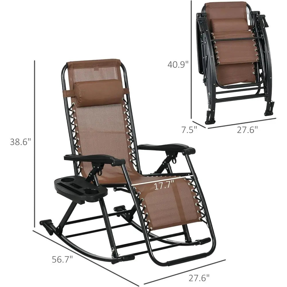 2-Piece Outdoor Rocking Chairs Set: Reclining Zero Gravity Lounge Rockers with Pillows, Cup & Phone Holders, Folding Legs, Brown for great patio relaxation.