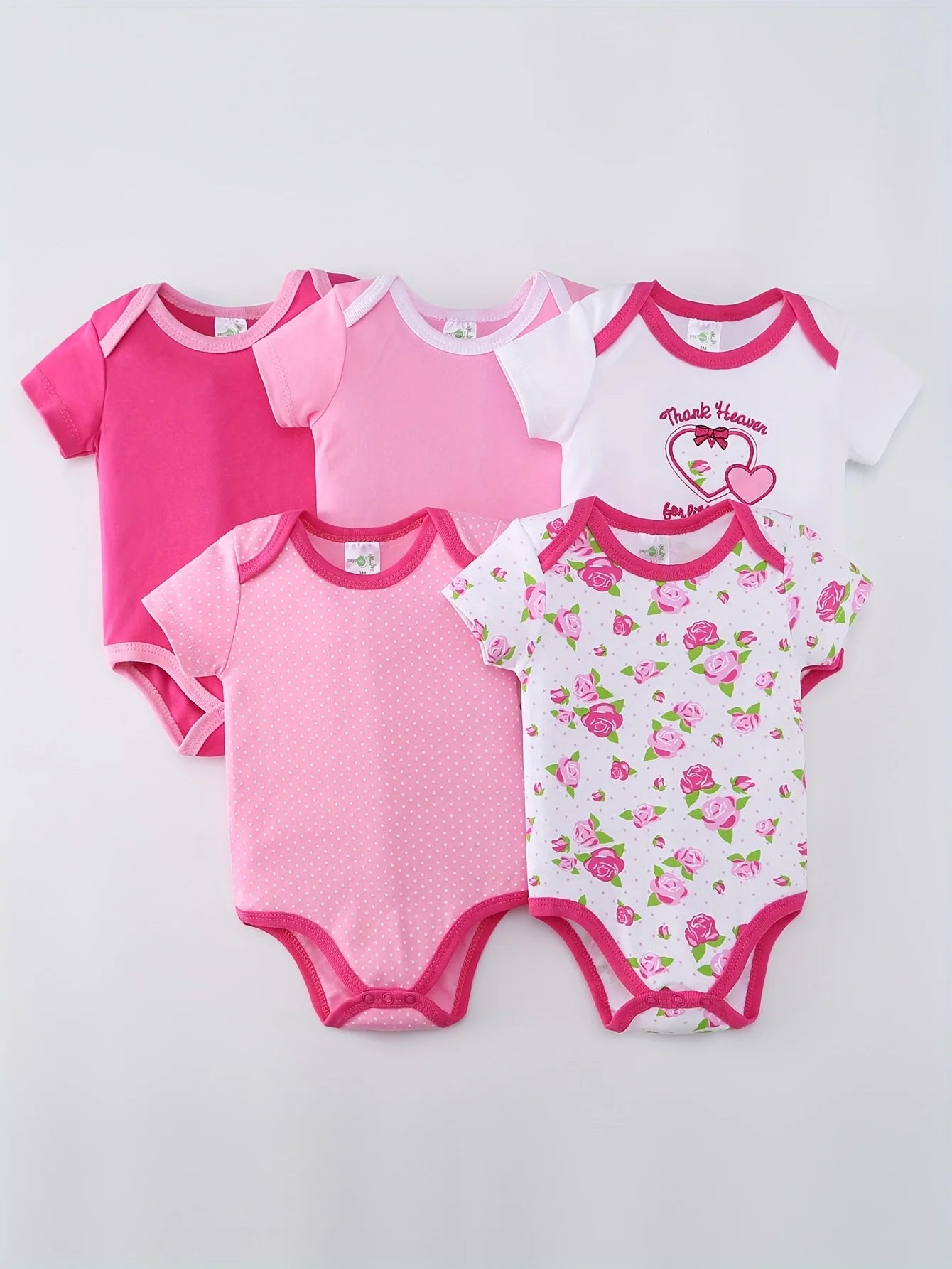 5pcs Baby Girls Short Sleeve Bodysuits, Cotton Breathable Floral & Heart Print Outfits, Essential Wear for Newborns to 1 year olds with Crew Neck, Perfect for Layering under Clothing for Outdoor Travel or Playtime.