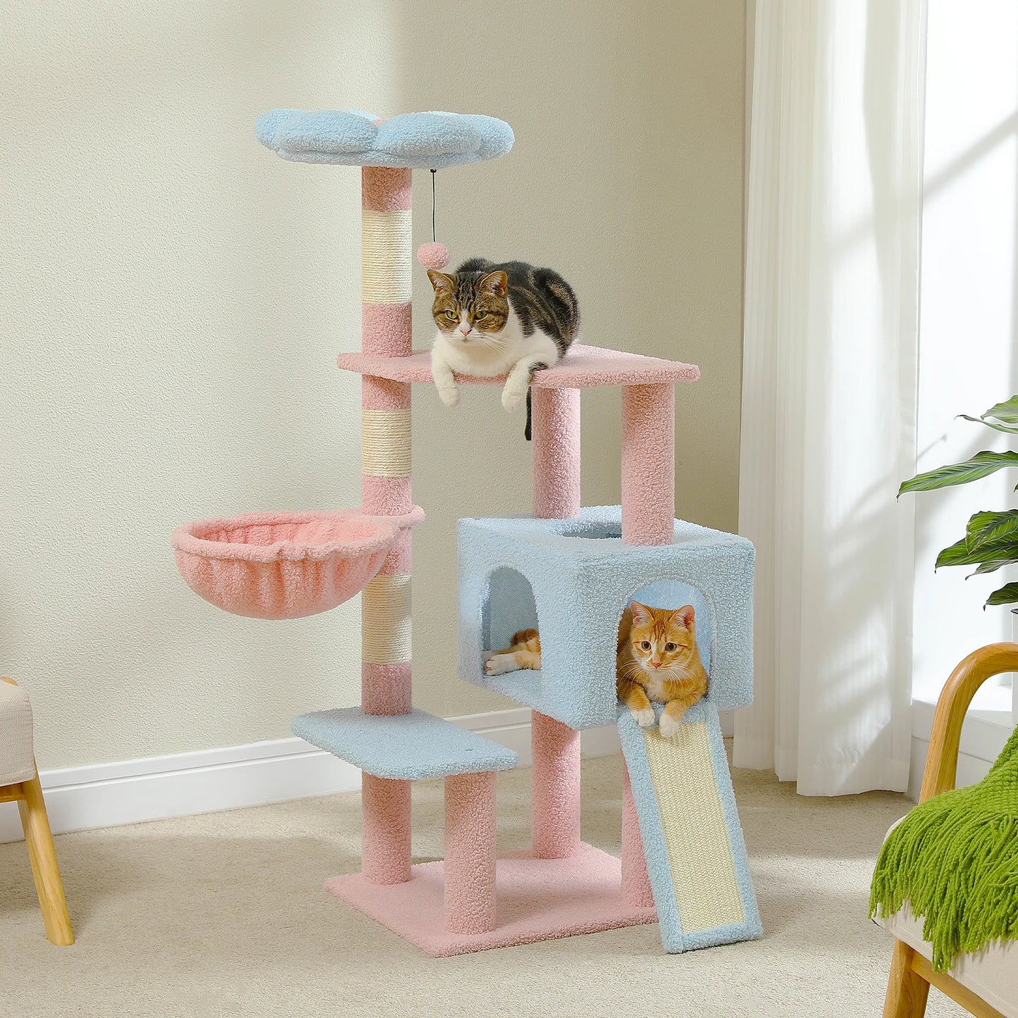 Colorful Cat Tree Tower With Sisal Posts And Perches and cute flower rooftop