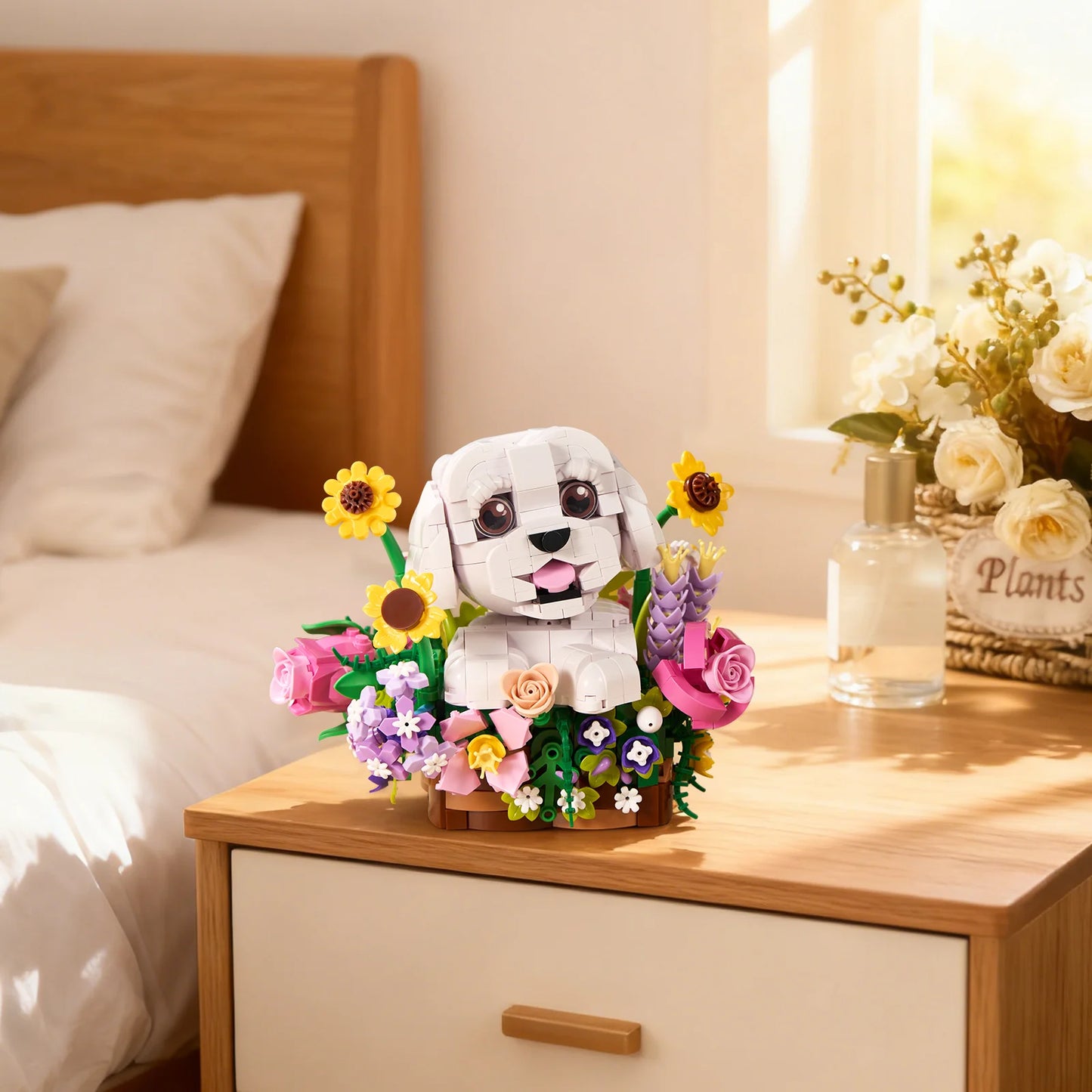Dog and Flower Bouquet Building Blocks Set compatible with LEGO brand, for the pet and flower lover in the family. Great gift, too.