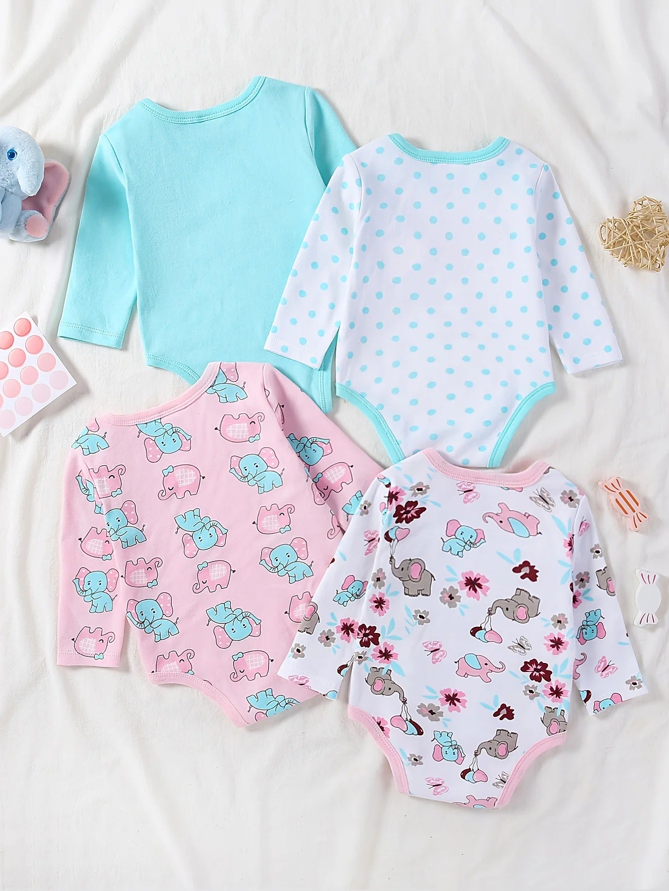 Colorful 4-pc Baby Girl Long Sleeve Bodysuits, Round Neck Rompers with Cute Prints, Soft Skin-Friendly Outfits for Newborn - 1 year olds