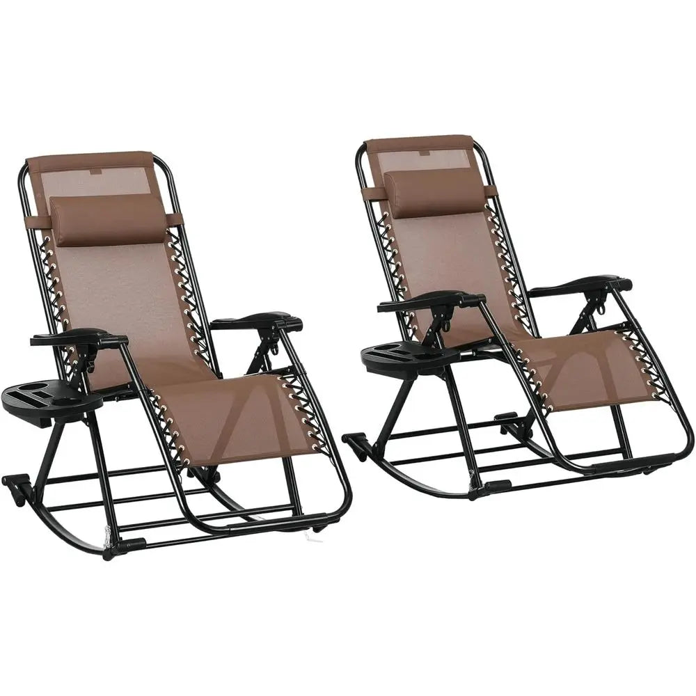 2-Piece Outdoor Rocking Chairs Set: Reclining Zero Gravity Lounge Rockers with Pillows, Cup & Phone Holders, Folding Legs, Brown for great patio relaxation.