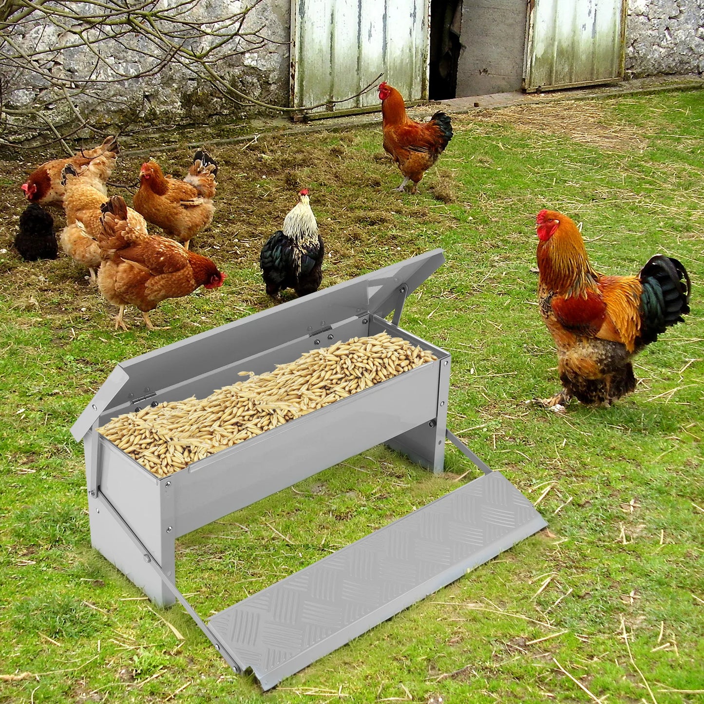 Automatic No Waste Treadle Chicken Feeder With Weatherproof Lid