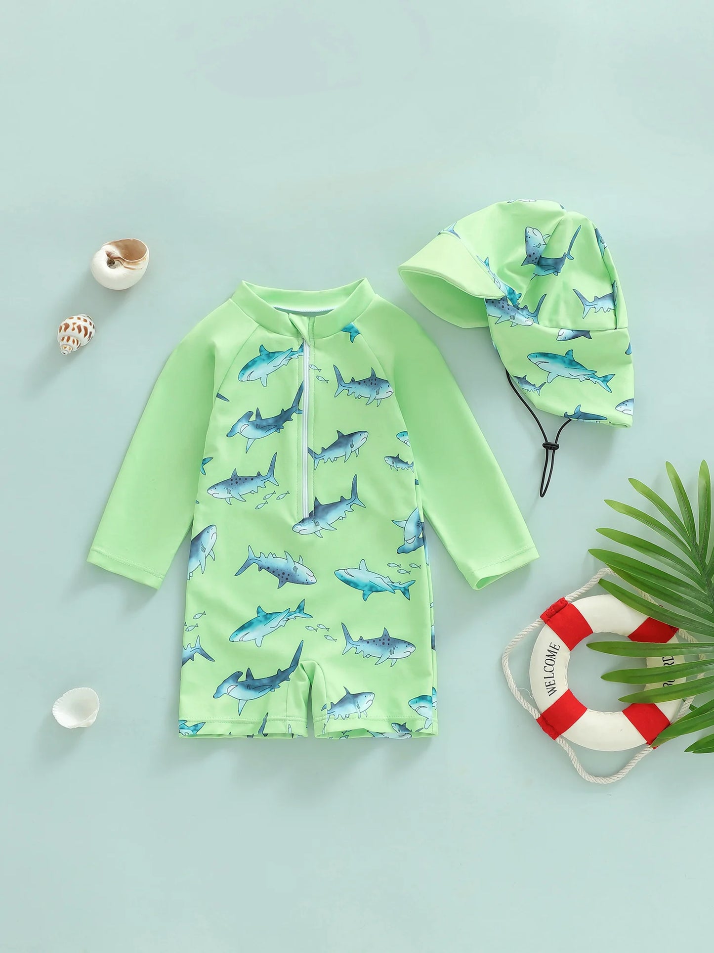 Baby Boys  Rash Guard Swimsuit with Shark Print and Zipper Closure. Long Sleeve Bathing Suit with Matching Swim Cap for Summer Fun