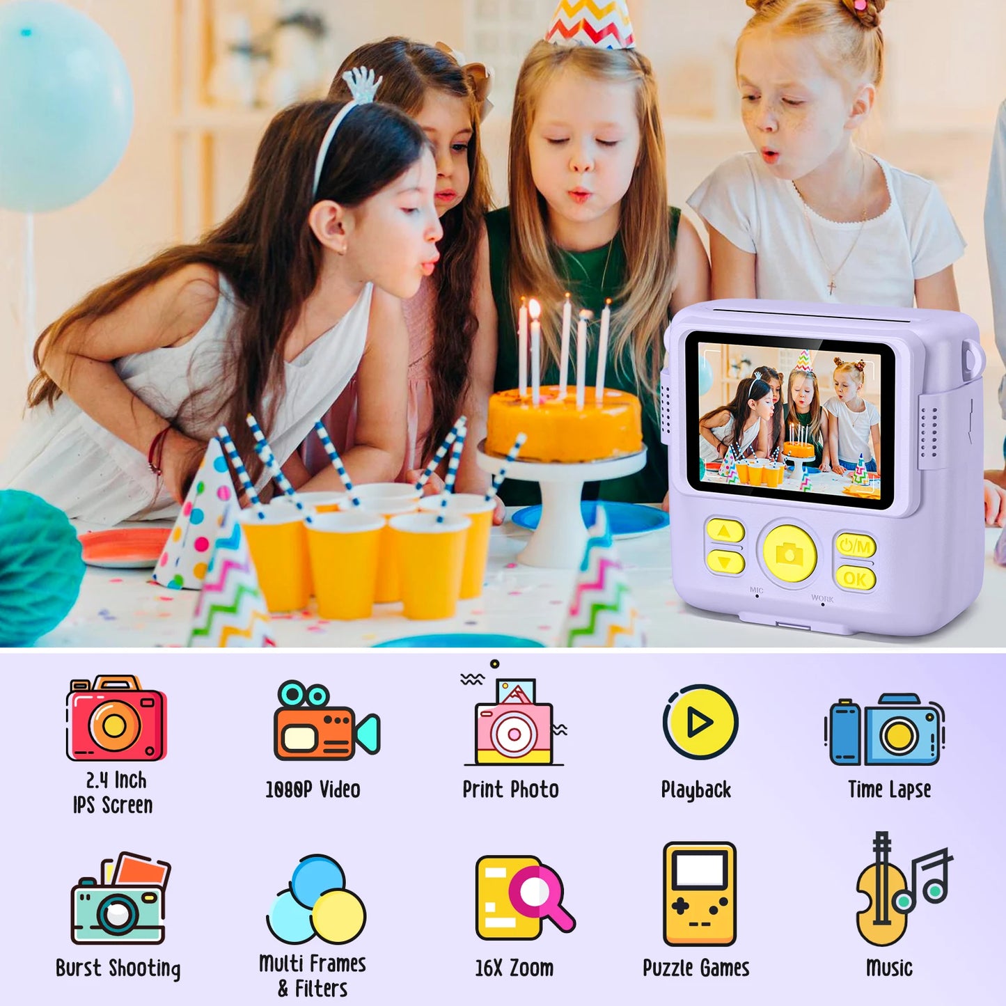 Kids Digital Camera 1080P HD Instant Print Camera with 32GB Card Gift For Boys - Girls 5-12