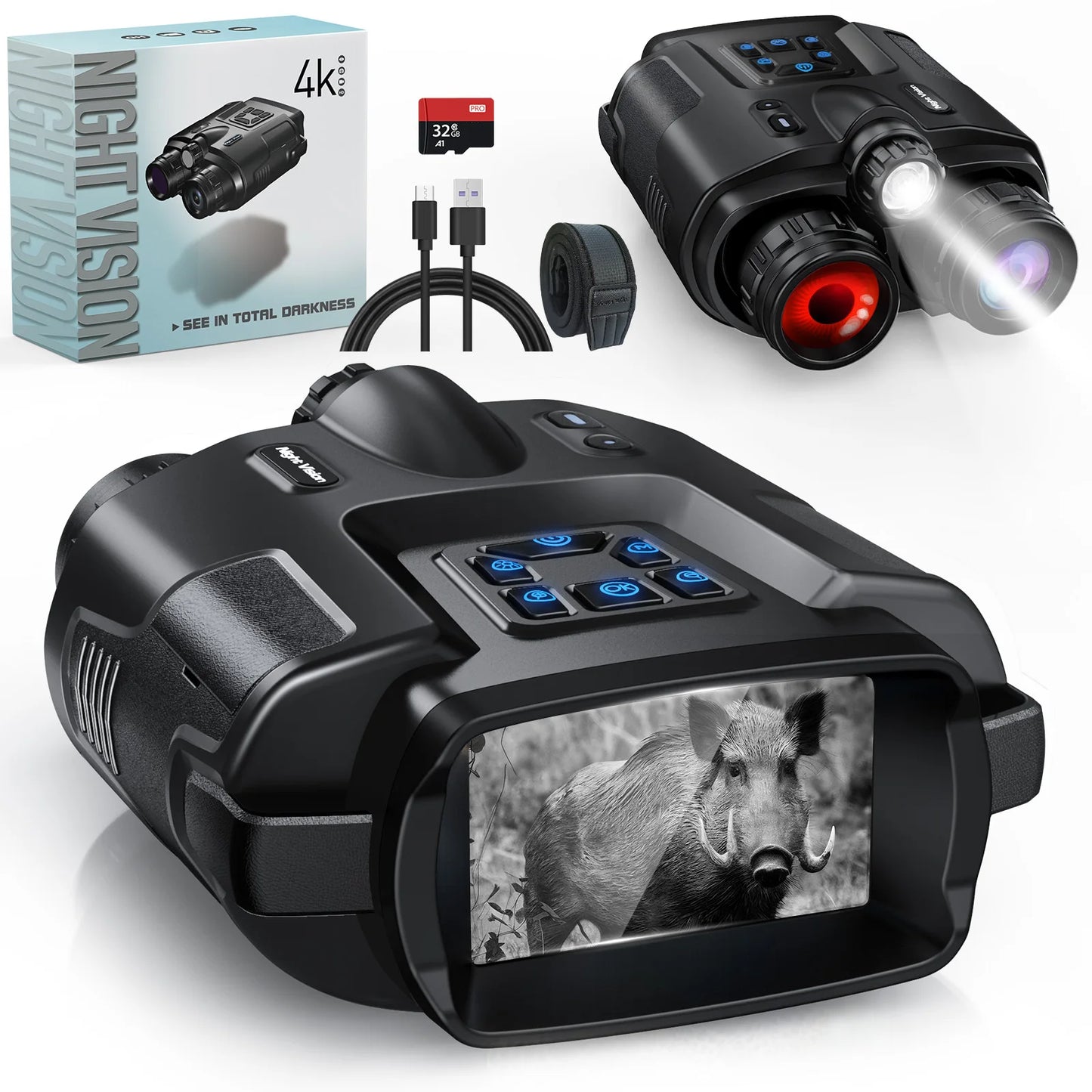 Night Vision Binoculars 4K Infrared Rechargeable 8X Zoom and 3" display