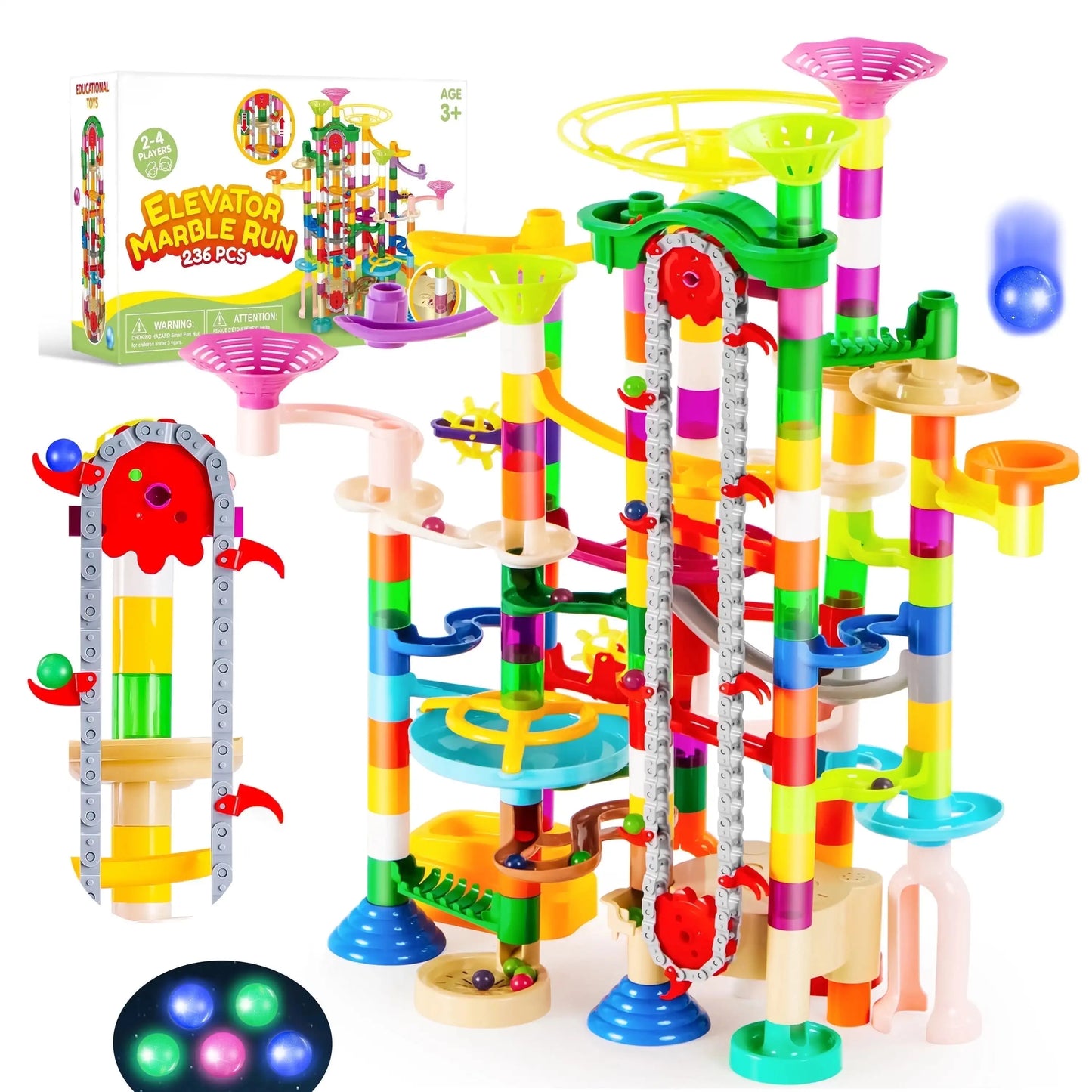 236 Pcs Glowing Marble Run with Motorized Elevator.  Construction Building Blocks. A STEM Educational Toy Set for Kid Ages 4-8