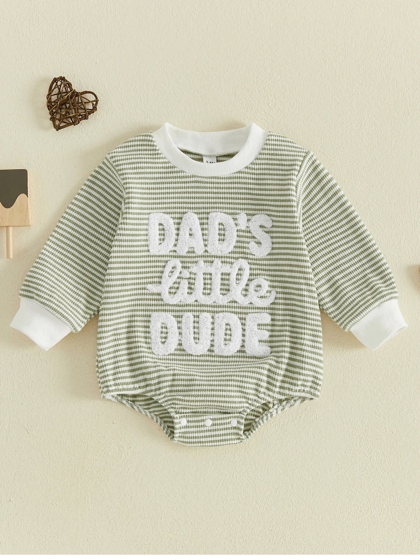 Round-Neck Embroidered Long Sleeve Romper.  Cute for Baby boys and Dads. Infant sizes.