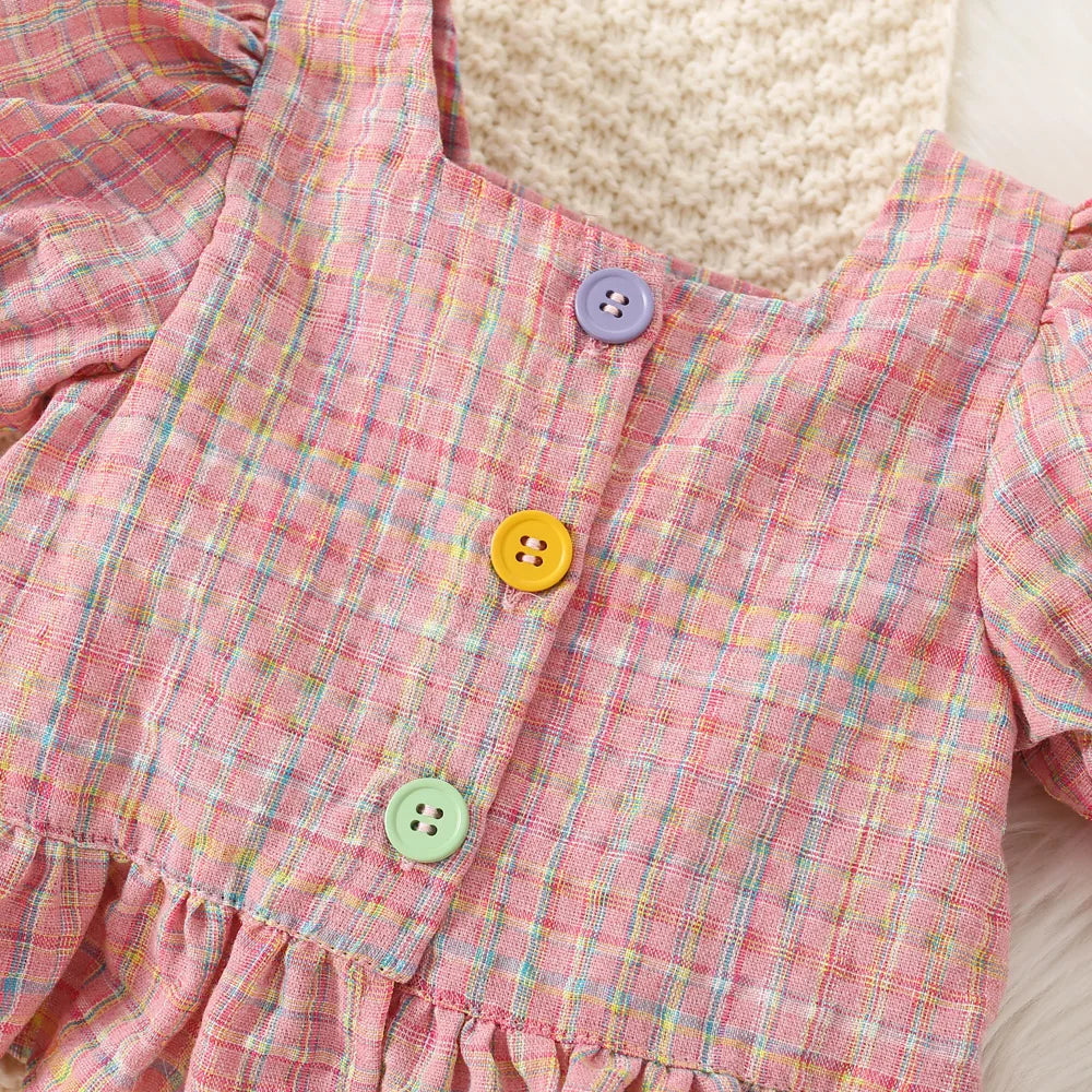 Toddler Summer Baby Girl Cotton Pastel Plaid Bubble Sleeve Top And Shorts Set, Cute for Special Occasions.