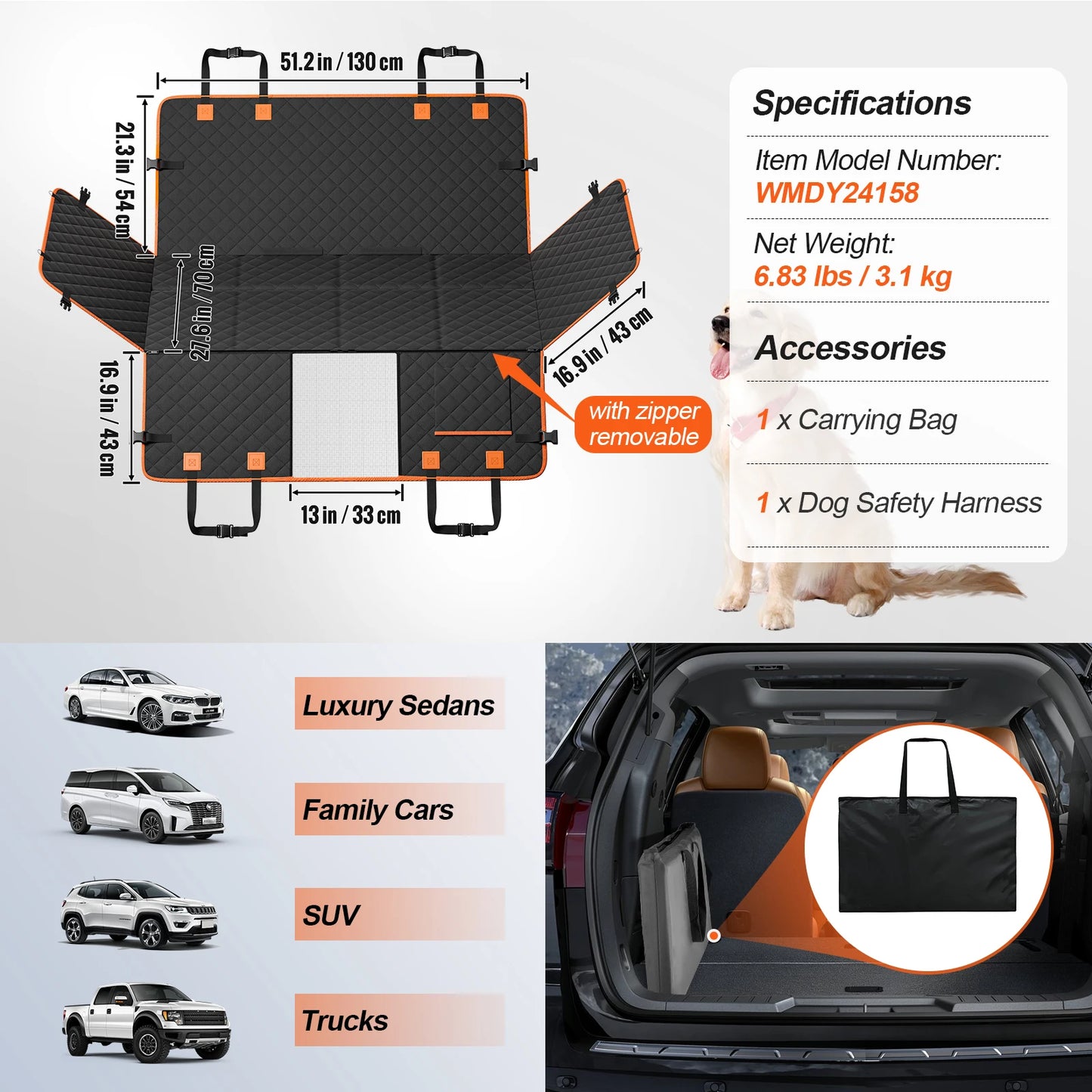 Dog Car Seat Cover for Back Seat Bed with Mesh Window and Storage Pocket, Supports 350lbs, Dog Hammock