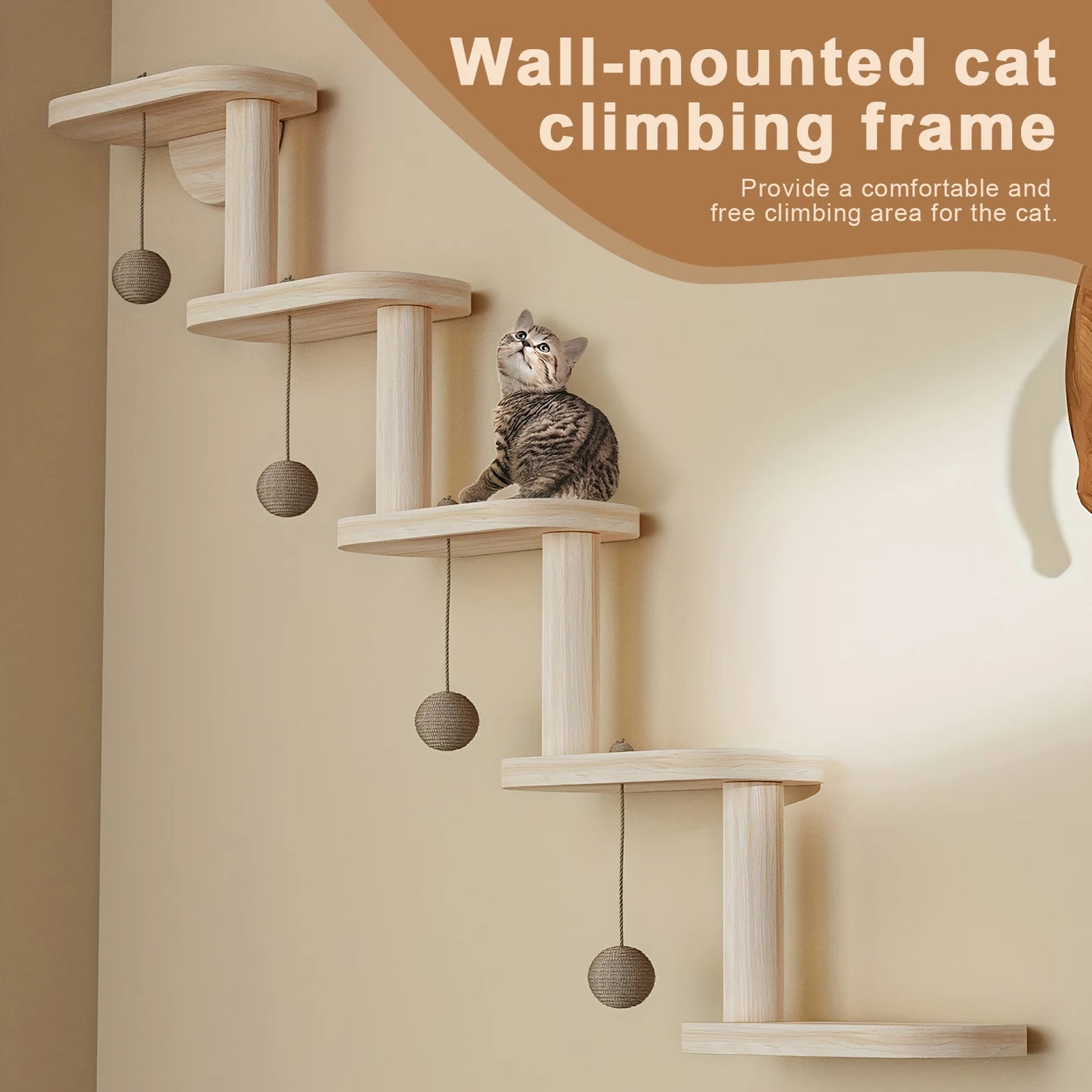 Five Layer Wooden Cat Climbing Frame that is Wall Mounted for Kitty Exploration