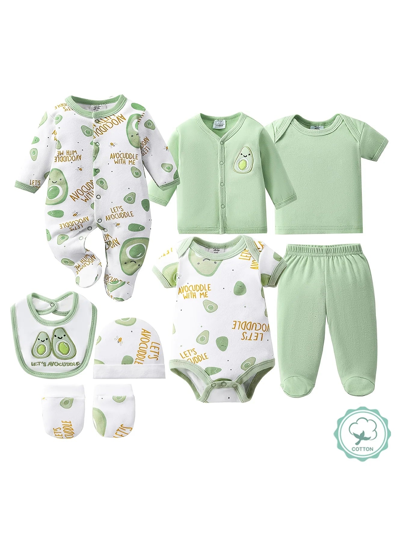 8pcs Infant Cozy Wear, 100% Cotton Infant Essentials, Unisex Bodysuit & Romper, Pants, Soft Jacket, T-shirt with Hat, Bib and Socks. Perfect for gifting, sizes 3-9 months.