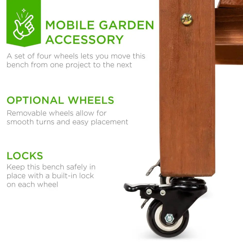 Mobile Garden Potting Bench, Outdoor Wood Workstation Table w Sliding Tabletop, 4 Locking Wheels, Food Grade Dry Sink, Storage