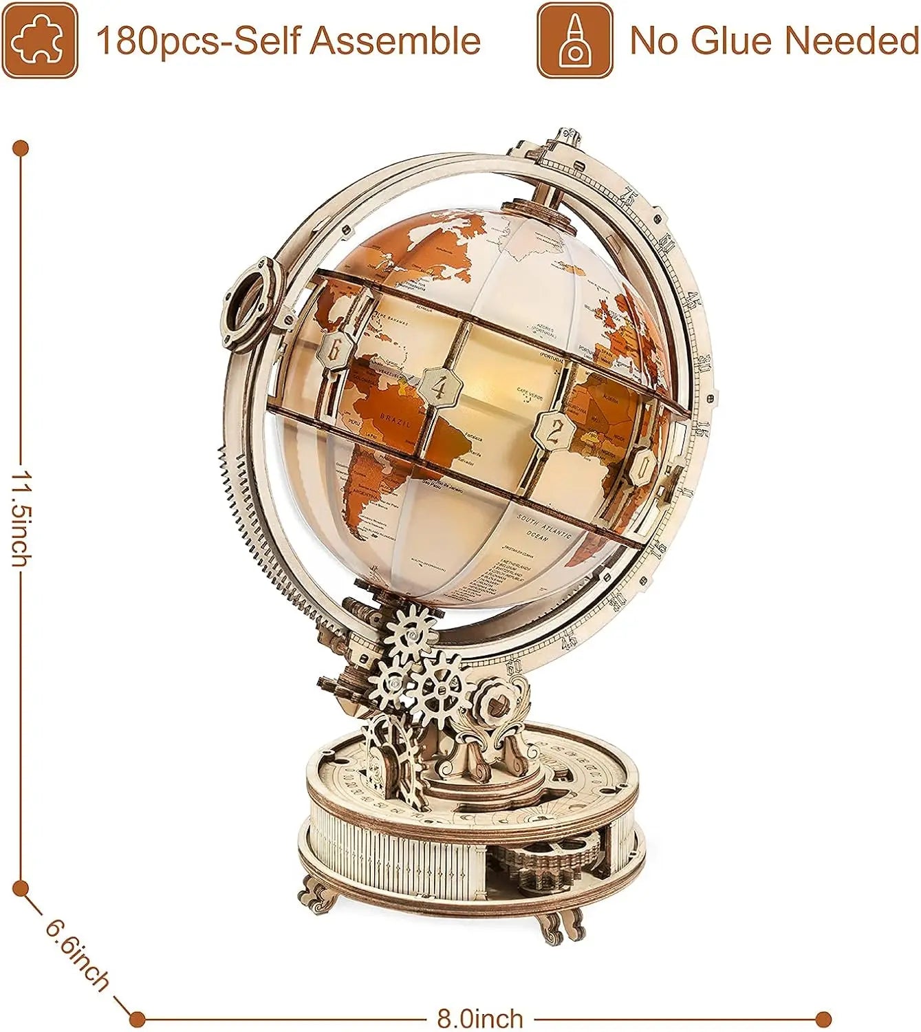 3D Wooden Puzzle Luminous Globe Model Kit with LED Light, Rotating Wooden Construction Kit for family time and educational learning.
