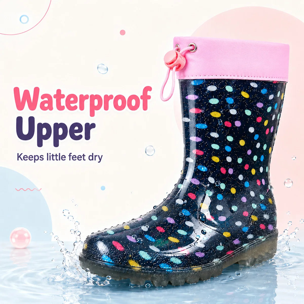 Polka Dot Glitter Kids Rain Boots Non Slip Waterproof Wellies