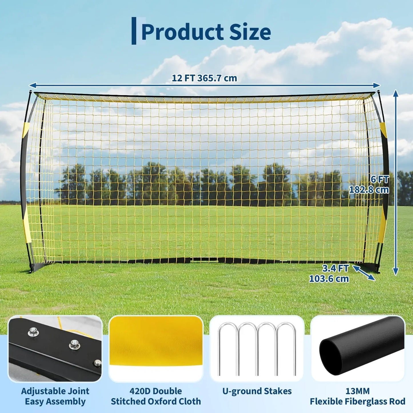 12x6ft Portable Soccer Goal, Heavy Duty Metal Frame, Foldable, Backyard Soccer Net, Training Equipment With Bag