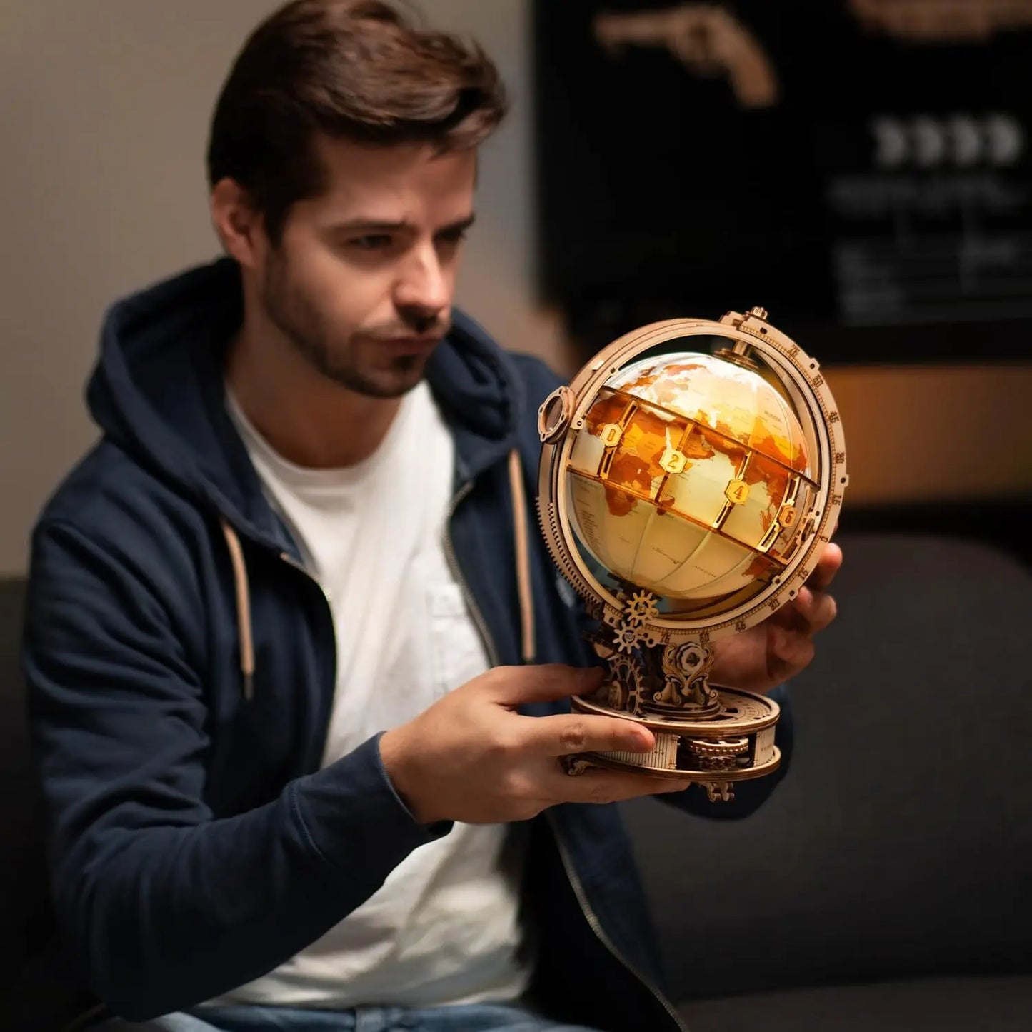 3D Wooden Puzzle Luminous Globe Model Kit with LED Light, Rotating Wooden Construction Kit for family time and educational learning.