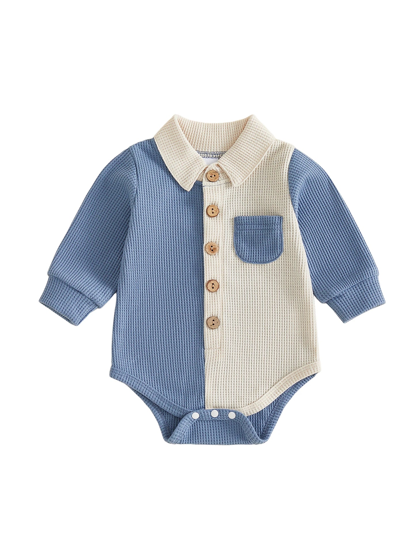 Long Sleeve Button-Up-Romper for Baby-Boys-Waffle fabric with Collar brings comfort to baby in cooler weather.