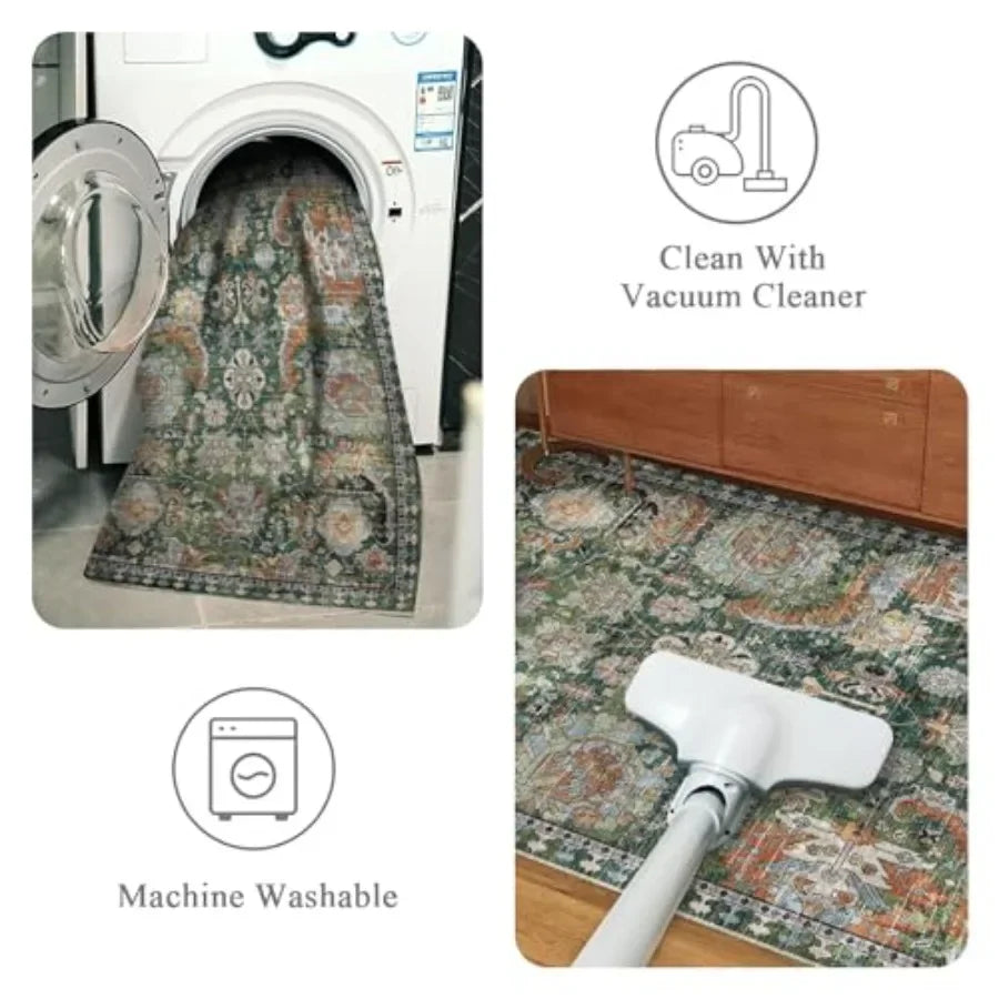 Kilim Print Area Rug With Anti Slip Backing Washable Polyester