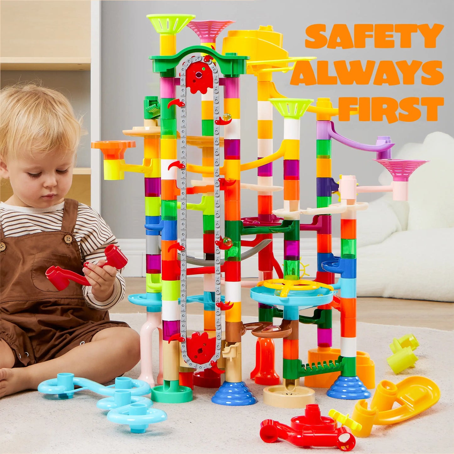 236 Pcs Glowing Marble Run with Motorized Elevator.  Construction Building Blocks. A STEM Educational Toy Set for Kid Ages 4-8