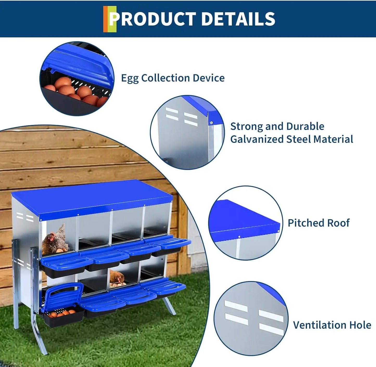 Chicken Nesting Box, Roll Away Design Hen Roosting Box for High-Volume Egg Collection Case with Metal Legs or Wall Mounting