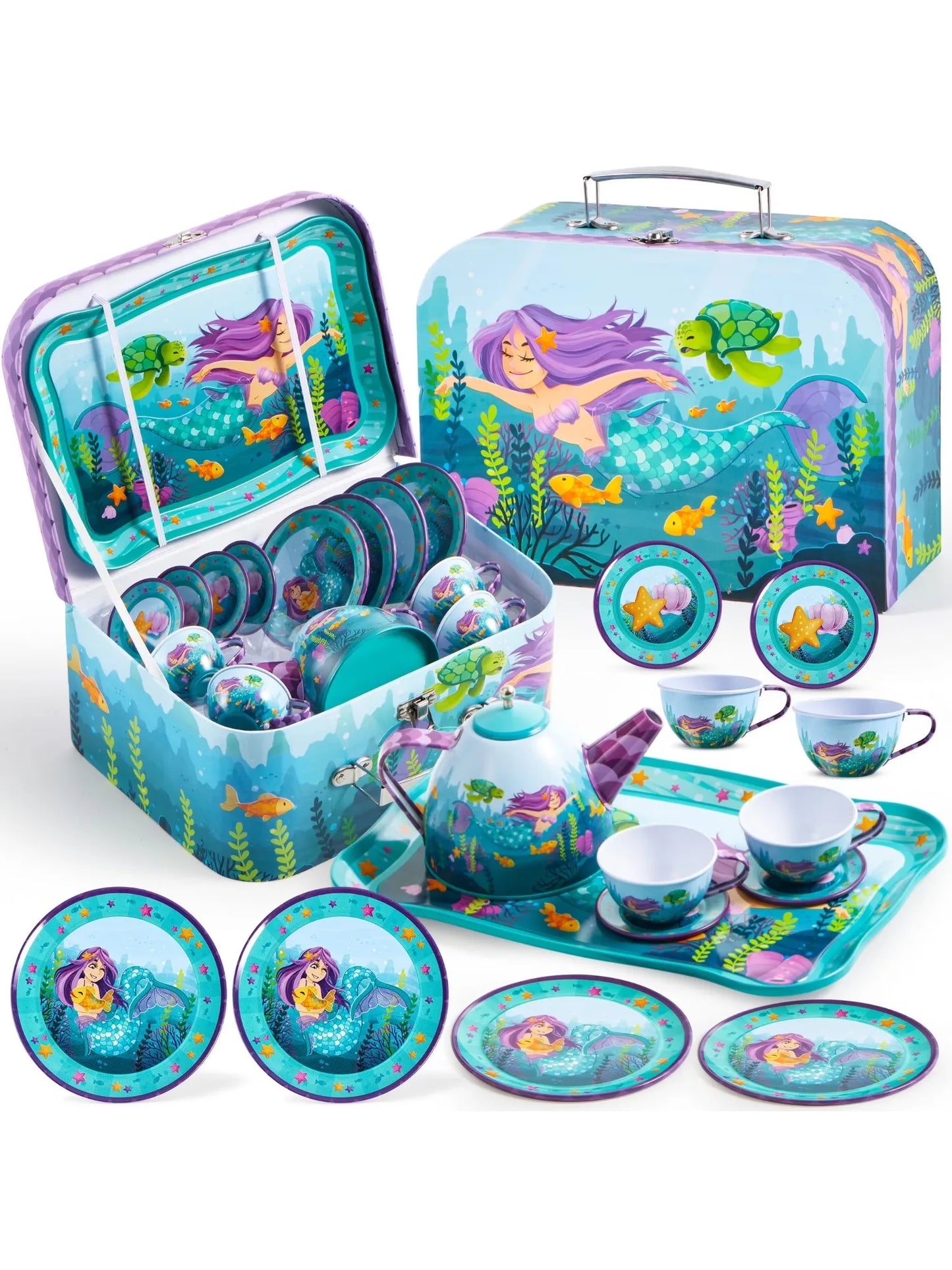 Child's Tea Set, Mermaid Tea Party, for Princess Pretend Play. Tin Teapot, Cups, Plates and Carry Case for  Toddlers to 6 Years Olds
