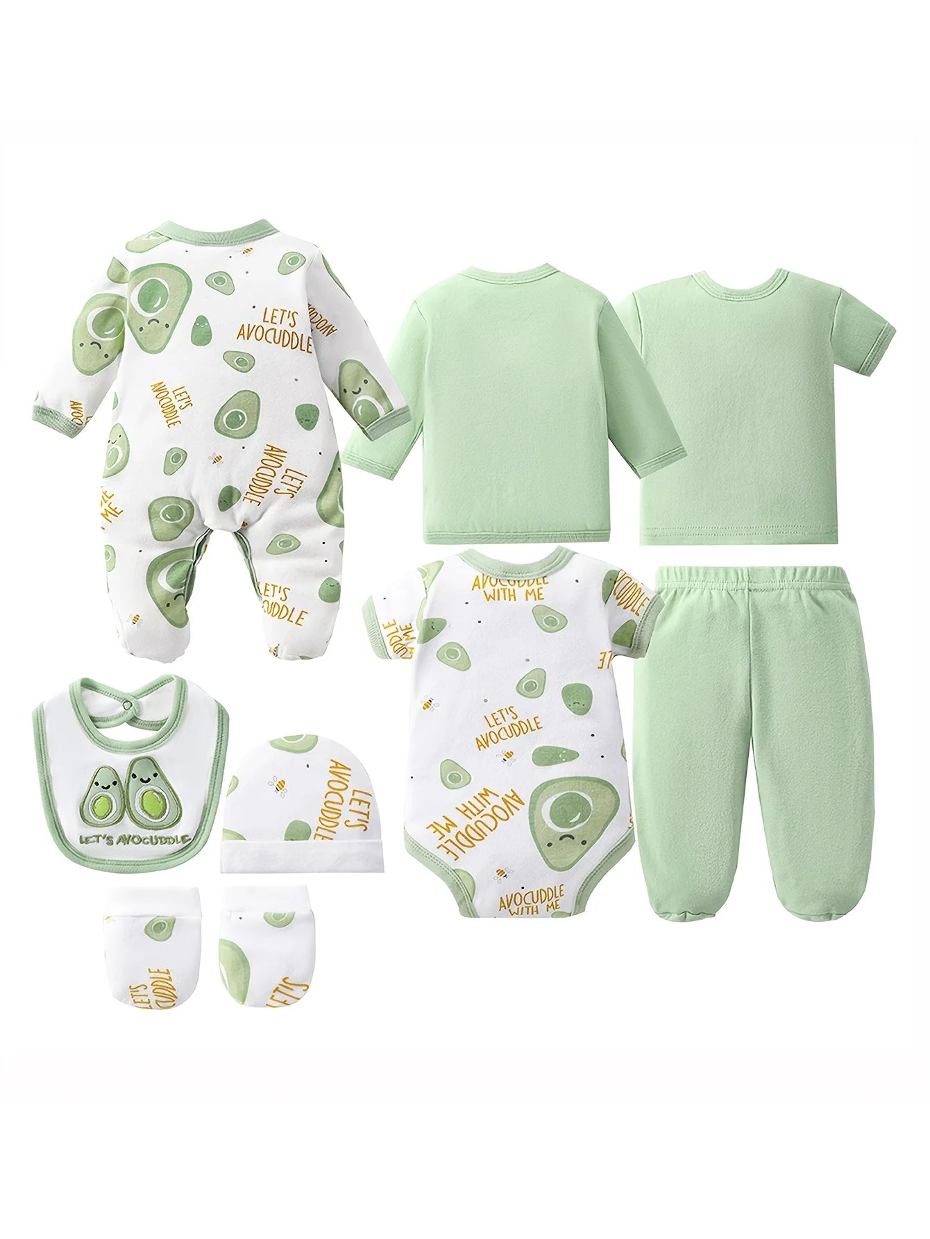 8pcs Infant Cozy Wear, 100% Cotton Infant Essentials, Unisex Bodysuit & Romper, Pants, Soft Jacket, T-shirt with Hat, Bib and Socks. Perfect for gifting, sizes 3-9 months.