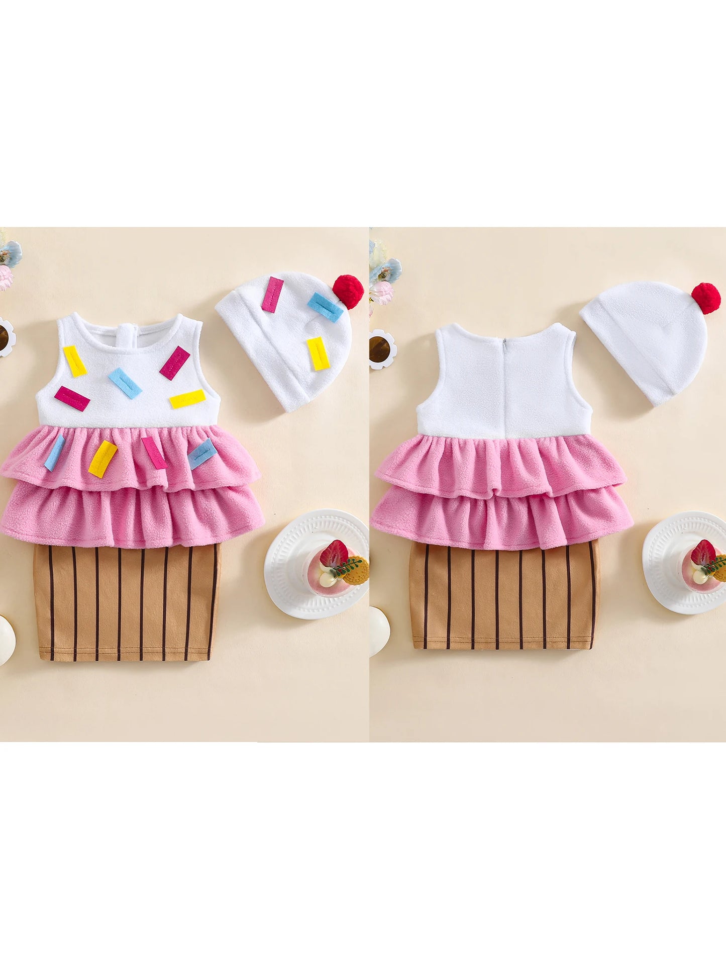 Infant Sweet Treat Costume with Dress and Hat - Adorable Ice Cream Cone Outfit for Playtime, Dress-Up Fun and Birthday Celebrations.