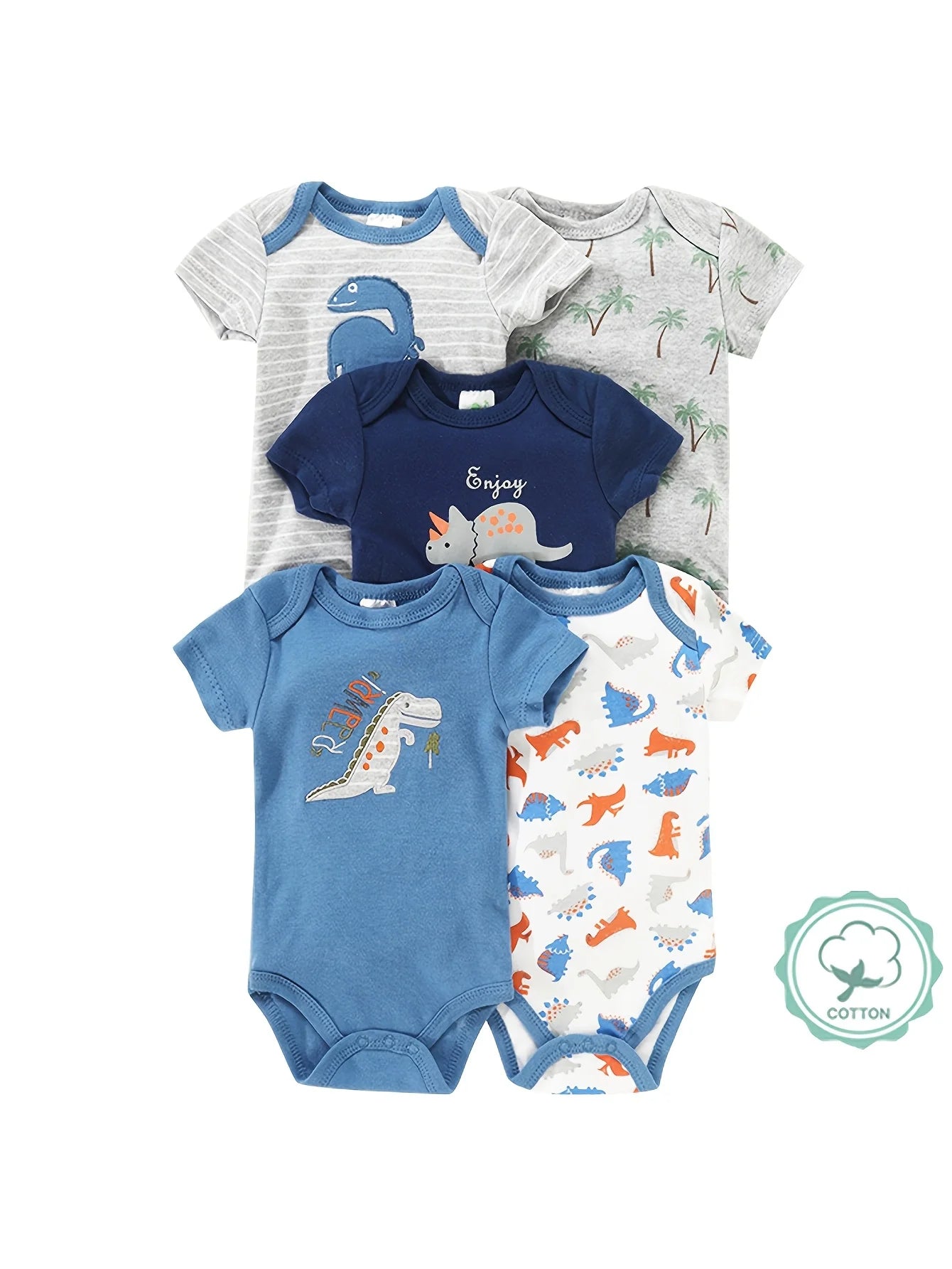 5pcs Baby Boy Rompers, Short Bodysuits with Dinosaur Pattern, Soft And Breathable Casual Infant Wear, Newborn Hospital Essentials up to 12 months, for layering to keep baby warm as the weather changes.