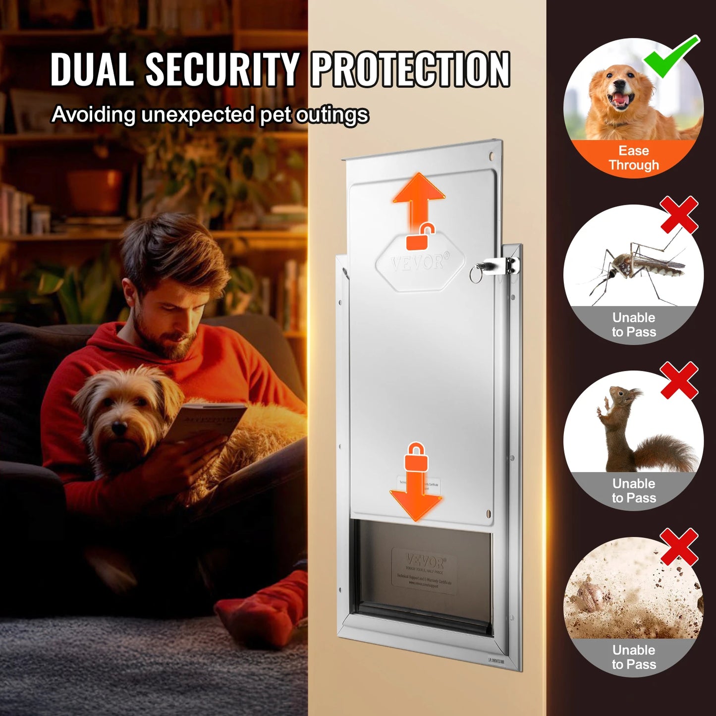 Pet Door Aluminum Frame with Lock and Flap System, Weatherproof Doggy Door Easy to Install in Interior or Exterior Doors