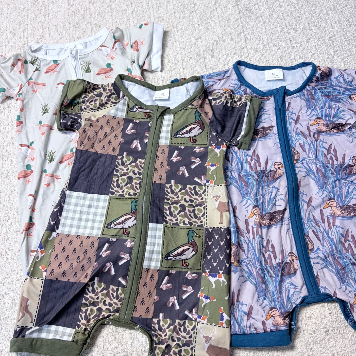 Baby Boy Summer Romper with Short Sleeves and front zipper. Duck Design, Sibling Outfits Infant to Toddler.