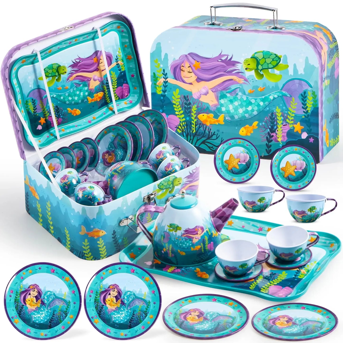 Child's Tea Set, Mermaid Tea Party, for Princess Pretend Play. Tin Teapot, Cups, Plates and Carry Case for  Toddlers to 6 Years Olds