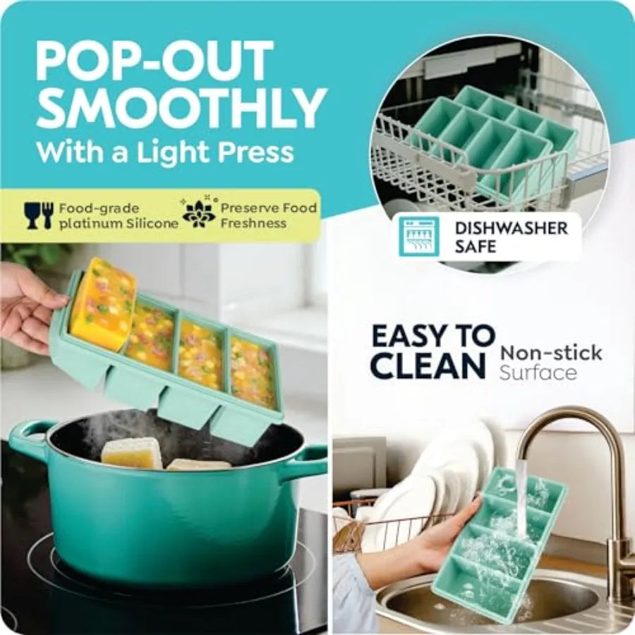 Silicone Freezer Trays with Lids, 1-Cup Style Ice Cube Trays for Freezing Baby Foods - Leakproof, Dishwasher, Oven Safe