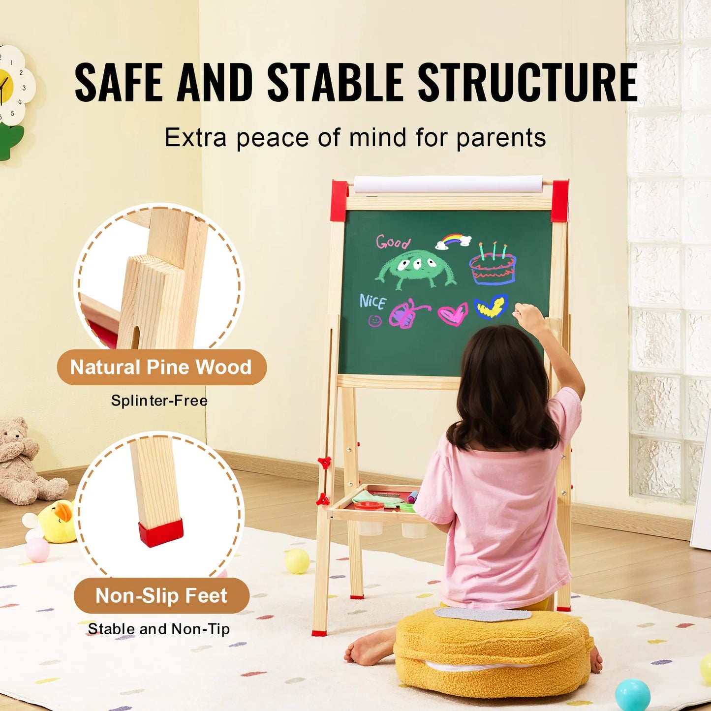 Adjustable Children's Magnetic Drawing Board, Wooden Double-Sided Art Easel with Whiteboard - Chalkboard for creative play.
