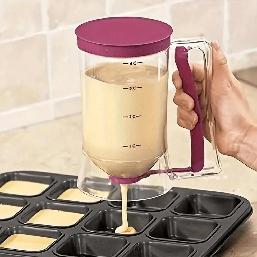Pancake Batter Dispenser With Handle, Pairs with mini Pancake griddle, Batter Mixing Dispenser, Perfect For Pancakes, Cupcakes, Waffles, Muffin Batter, Cakes, use with Cupcake Liners. A great Kitchen Tool for Family Gathering