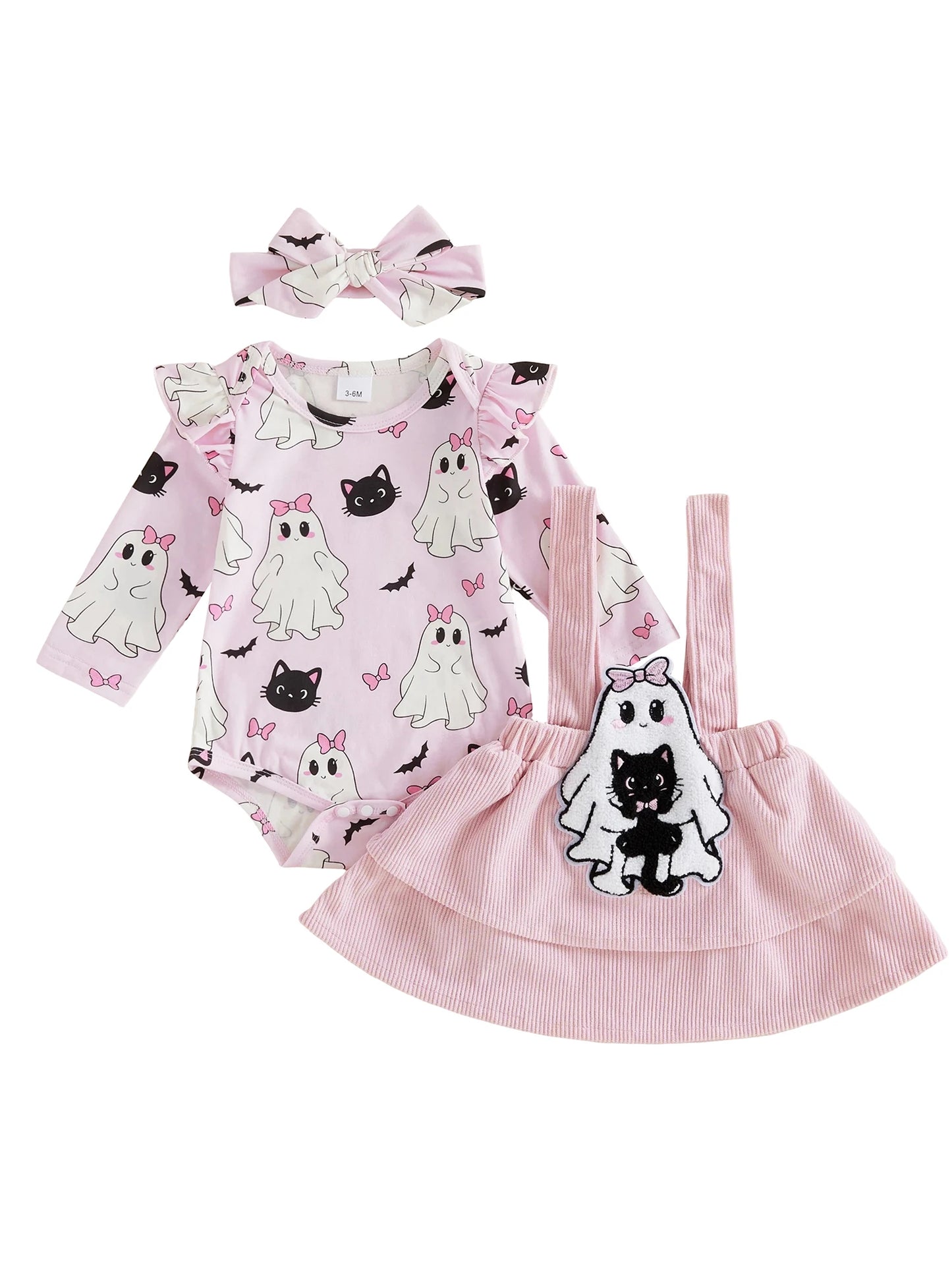 Baby Girl's Long Sleeve Romper for Sweet Halloween Outfit. Pair with tights to complete the look. Order now for October gatherings.
