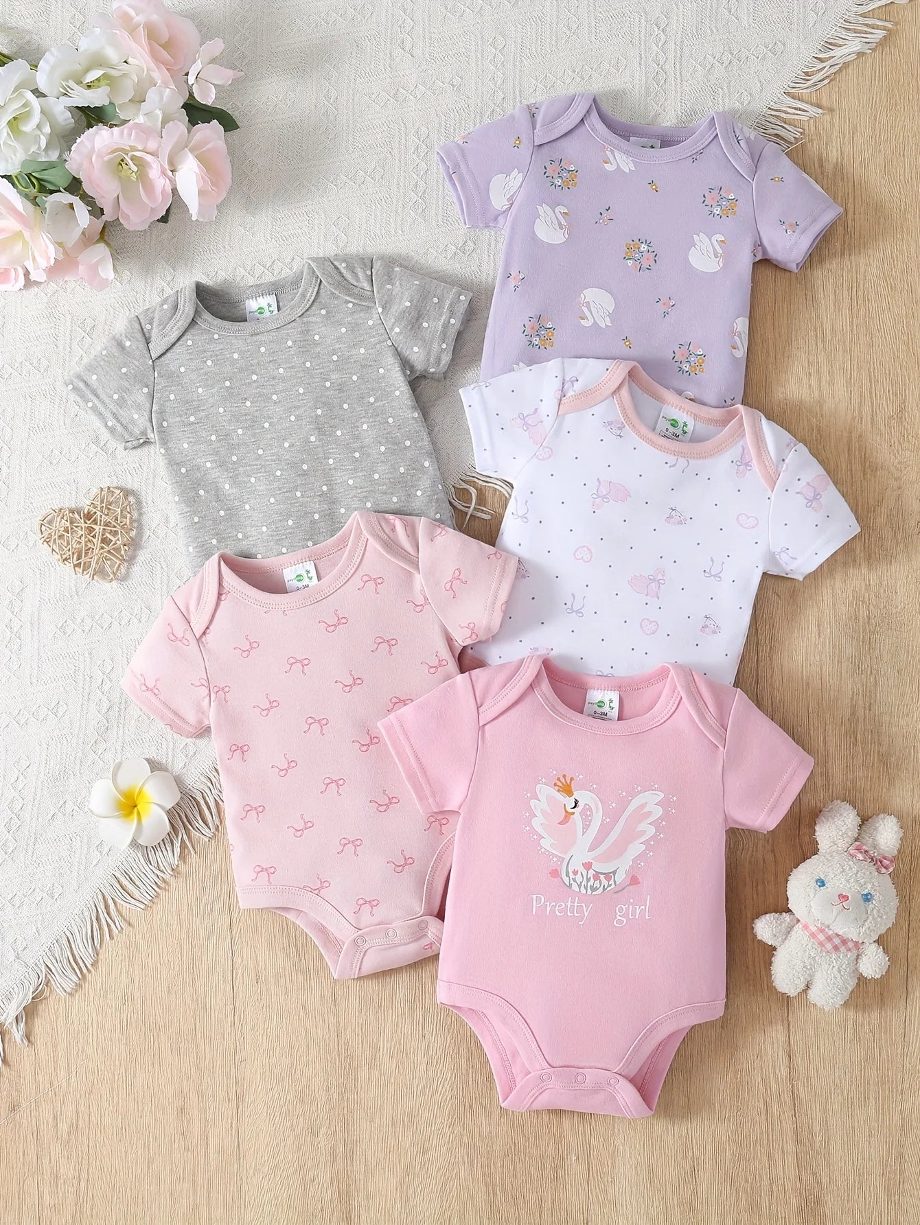 5pcs Baby Girl Romper Set - Cute Floral and Animal Print Short Sleeve Outfits with Ribbed Cuffs, Soft Breathable Fabric, All-Season Comfort, Elegant Round Neck Design for Outdoor Play & Casual Attire, Baby Girl Clothes, Playf