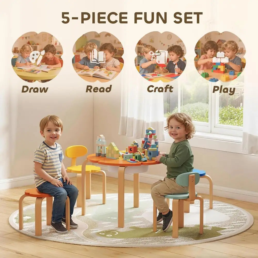 Multicolor Kids Table And 4 Chairs With Built-In Storage for Play and Creative Learning