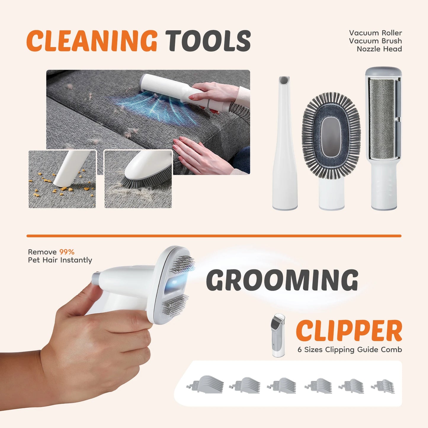 2.5L Professional Pet Grooming Vacuum Kit, 3 Suction Modes and 5 Groomer Tools with Cordless Low Noise Pet Clippers