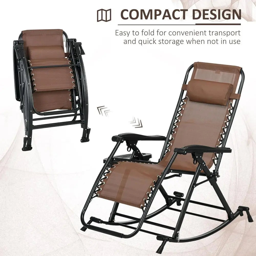2-Piece Outdoor Rocking Chairs Set: Reclining Zero Gravity Lounge Rockers with Pillows, Cup & Phone Holders, Folding Legs, Brown for great patio relaxation.