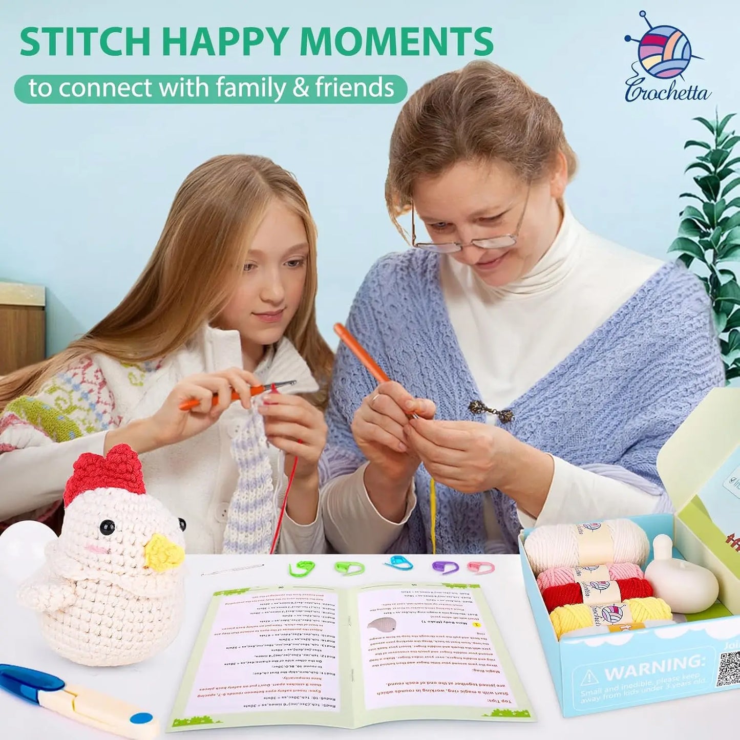 Beginner Crochet Kit with Video Tutorials, Squeeze Bubble chicken,  Craft set for Adults & Kids