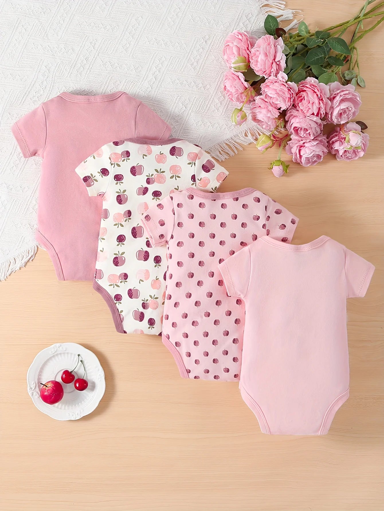 4pc Set Of Baby Girl Short Sleeved Cotton Onezies,  Perfect for keeping cool in Summer or layering under shirts and pants for cooler weather.