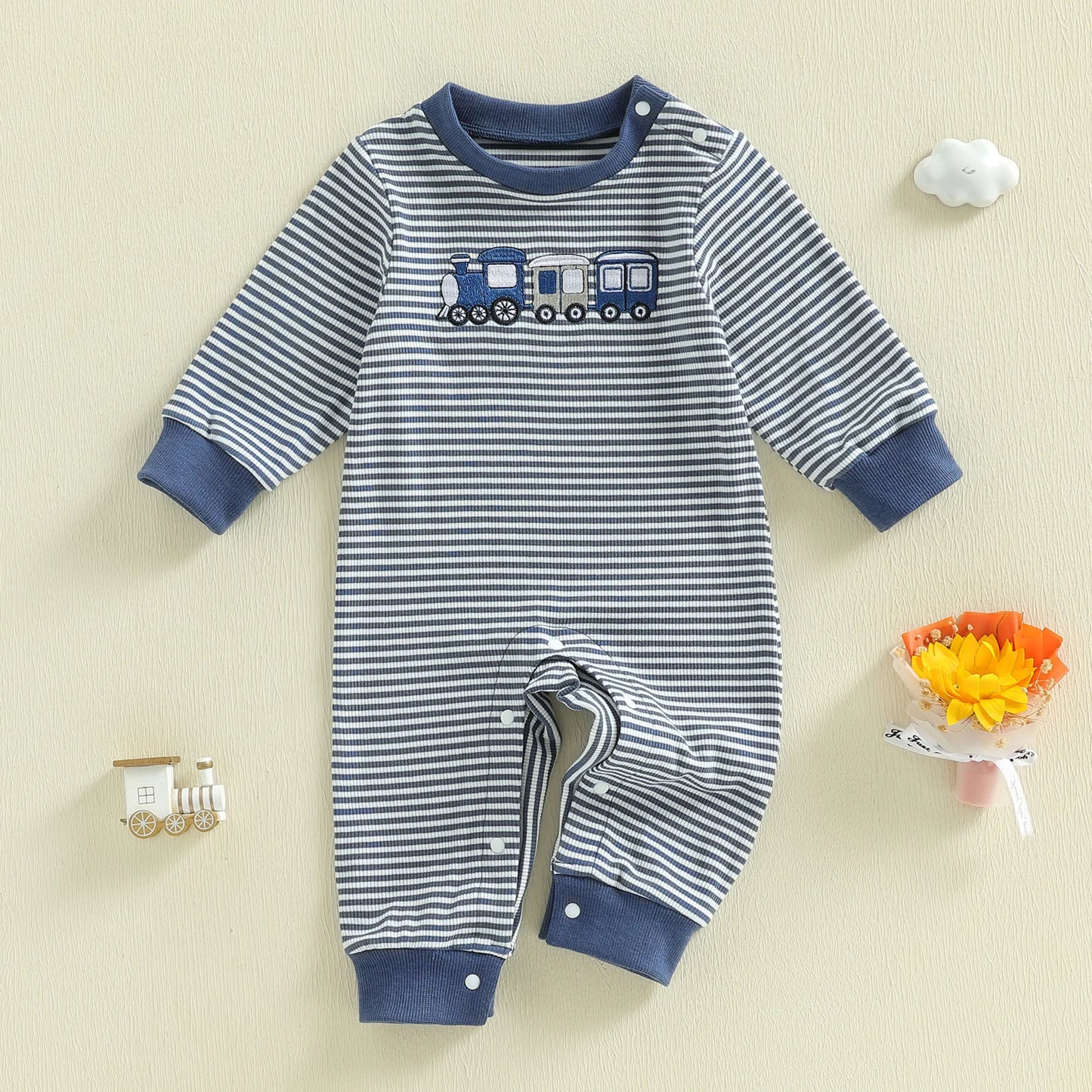 Infant-Toddler Boys Striped Playsuit with Long Sleeves and Train Embroidery. Comfortable Crewneck Loose Fit Romper