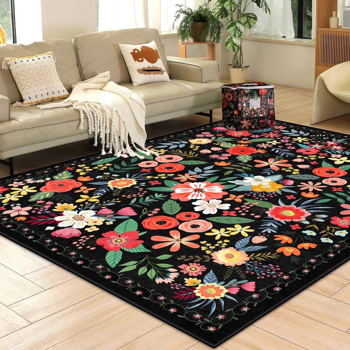 Boho Floral Pattern Non Slip Polyester Rug- Machine Washable, Adding Color to Family Spaces