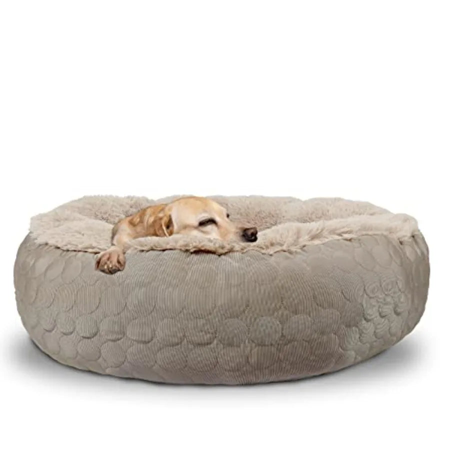 Dog Donut Calming Bed, Fluffy Cushion for Dogs, Cooling and Warming Double Sided for Comfort.