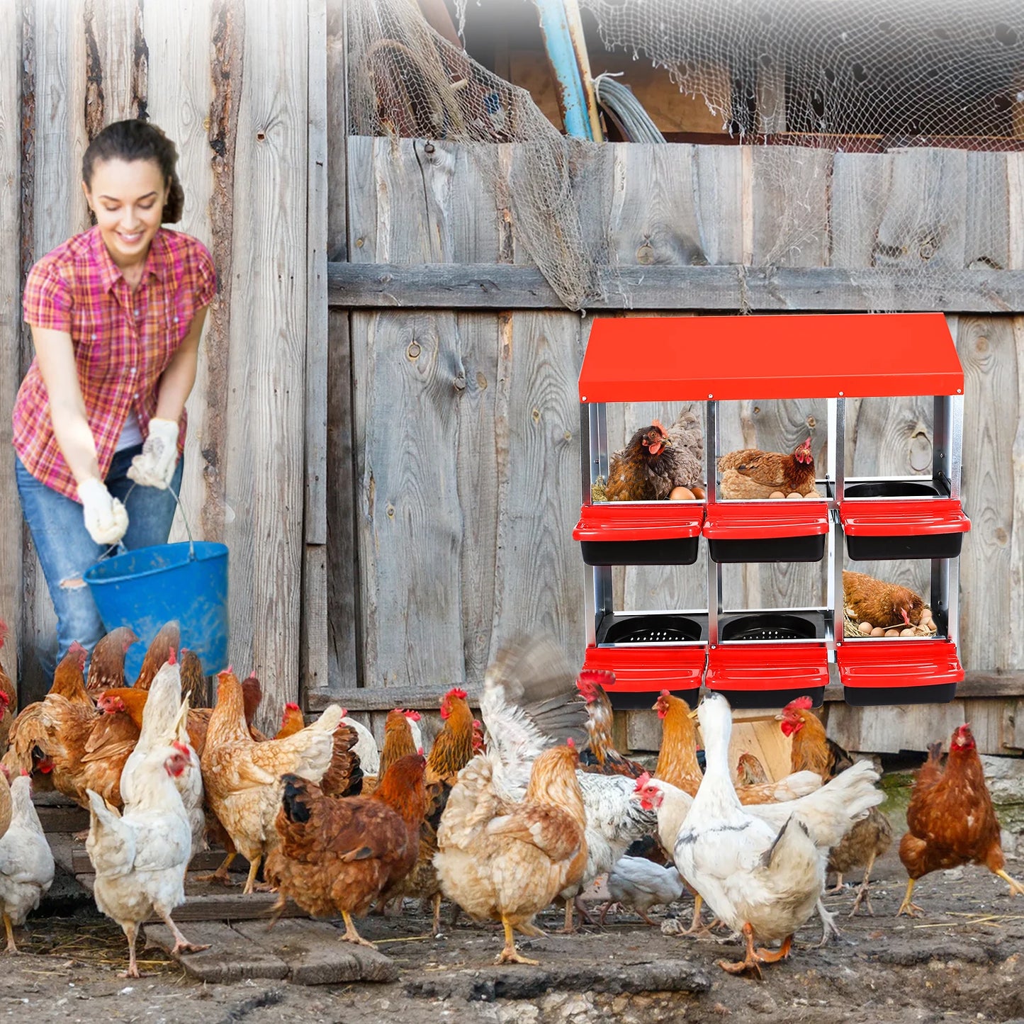 HiMISS Farm Animals Multi-Hole Chicken Nesting Boxes With Egg Collection